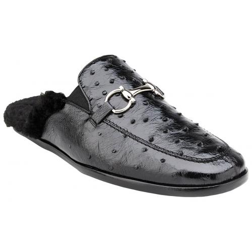 Belvedere "Abel" Black Genuine Ostrich And Mule Slip-On Shoes 4001.